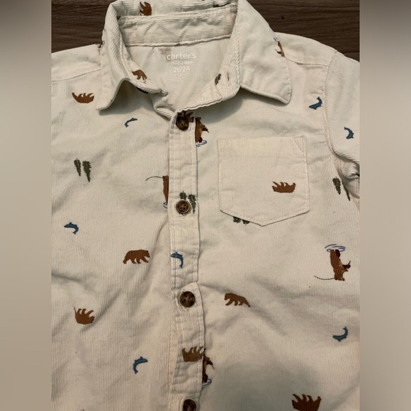 Carter's Cream and Brown Button Down Corduroy Shirt with Bear print size 2T - Picture 2 of 4
